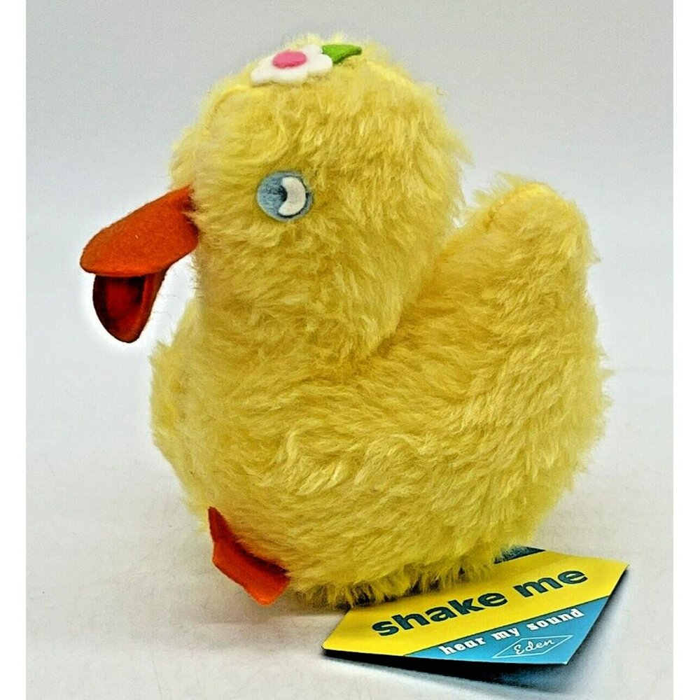 Vintage Eden Yellow Duck Rattle Plush Felt Eyes Flower Feet Beak Original Tag 6"